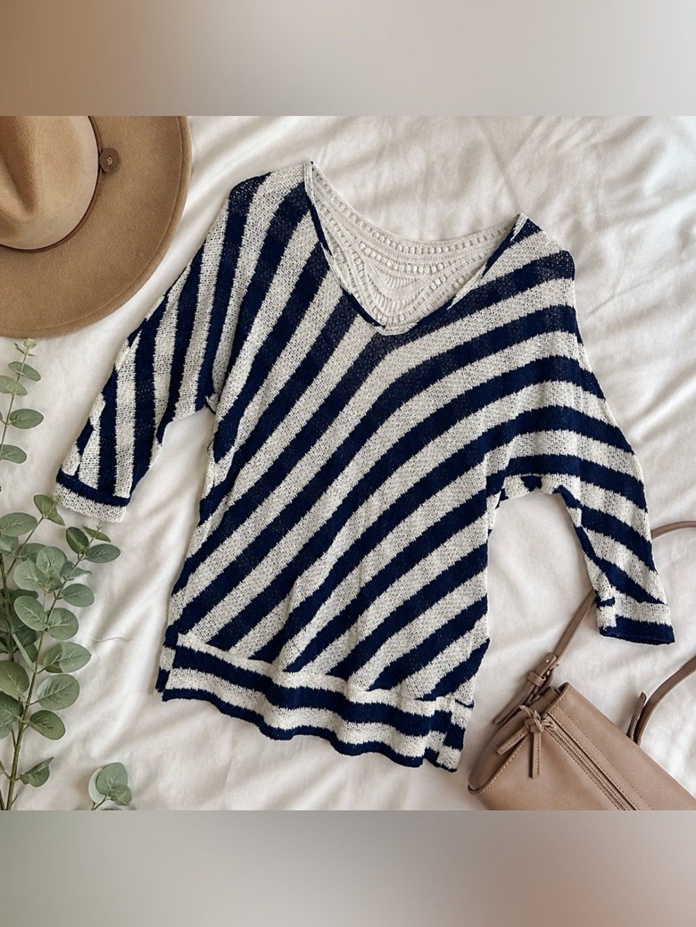 Striped Crochet Back Top Navy Cream Boho Lightweight Knit 2xl Libian
